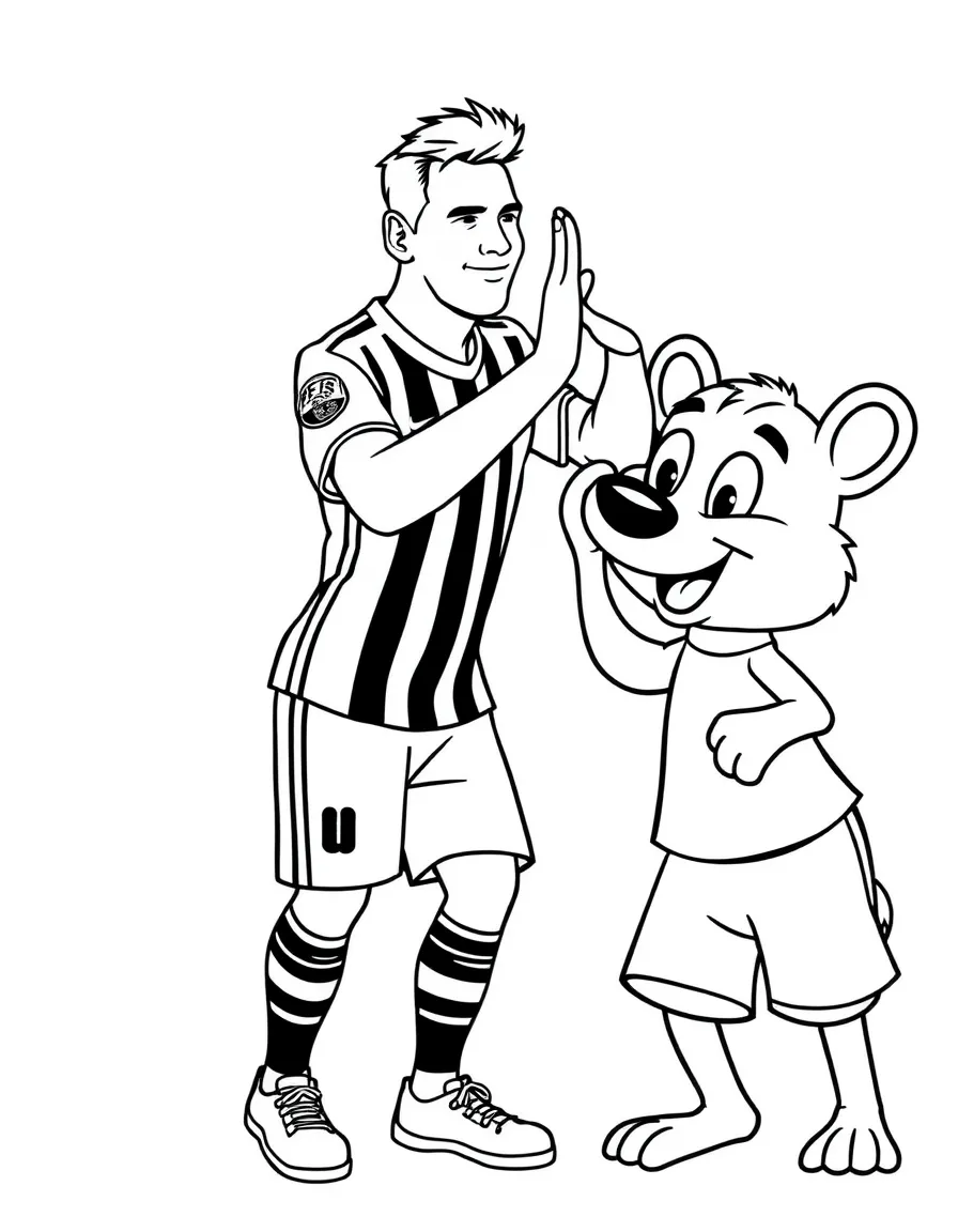 Lionel Messi giving a high five to a cartoon animal friend – a fun and kid-friendly coloring page.