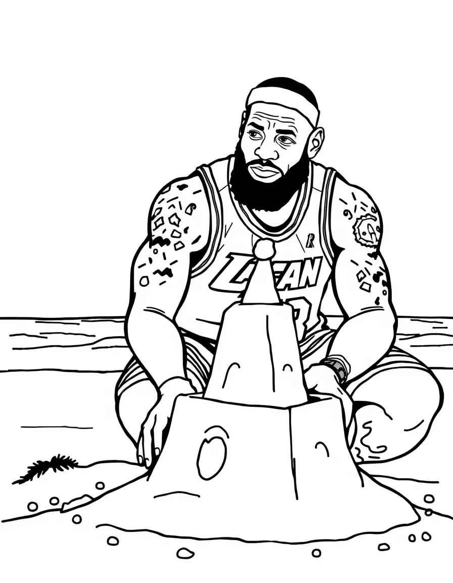 LeBron James building a sandcastle at the beach – a fun and kid-friendly coloring page.