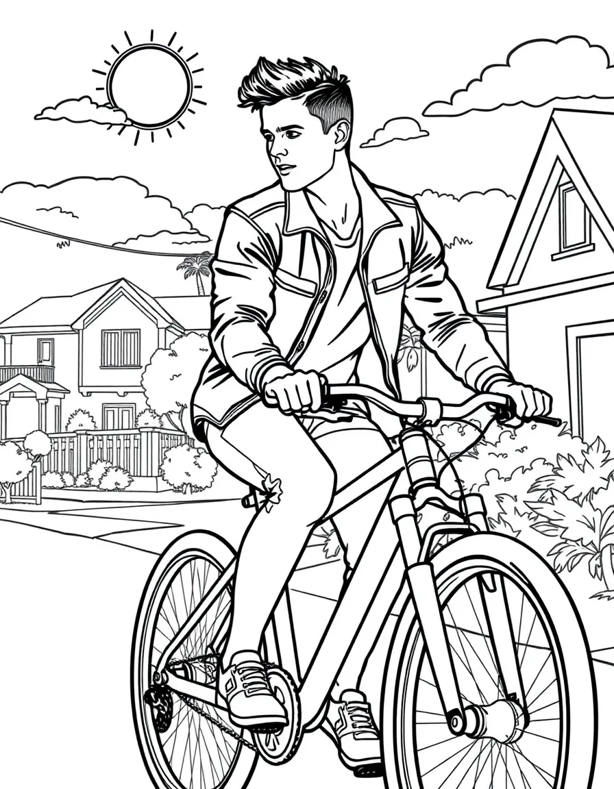 Taylor Lautner riding a bicycle through a sunny neighborhood – a fun and kid-friendly coloring page.