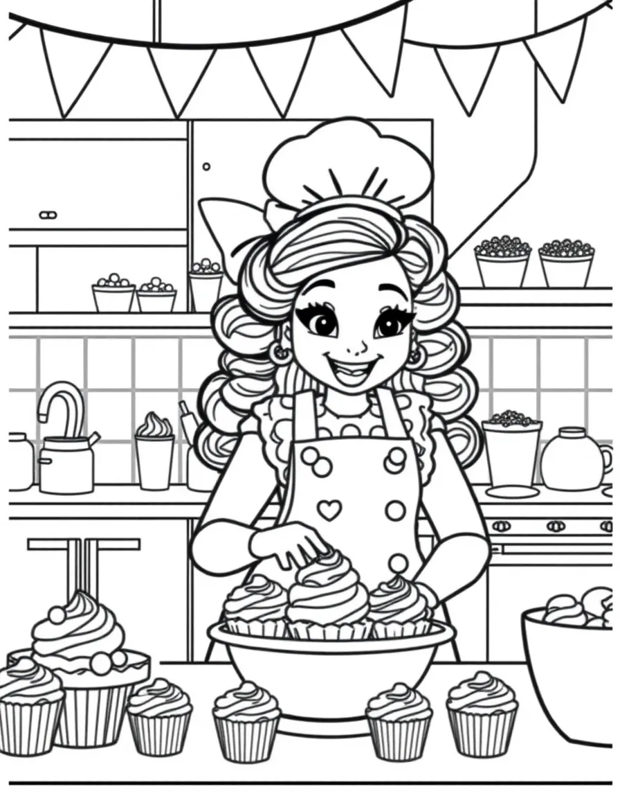 Simone Biles baking cupcakes in a colorful kitchen – a fun and kid-friendly coloring page.