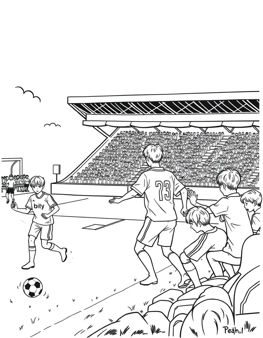 BTS Members playing soccer on a field with cheering fans in the stands – a fun and kid-friendly coloring page.
