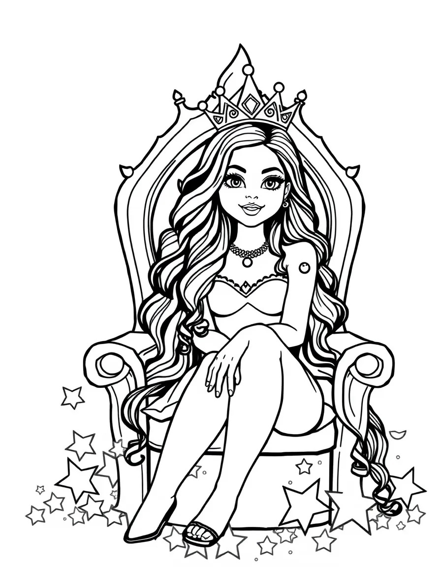 Selena Gomez sitting on a throne made of stars with a crown – a fun and kid-friendly coloring page.