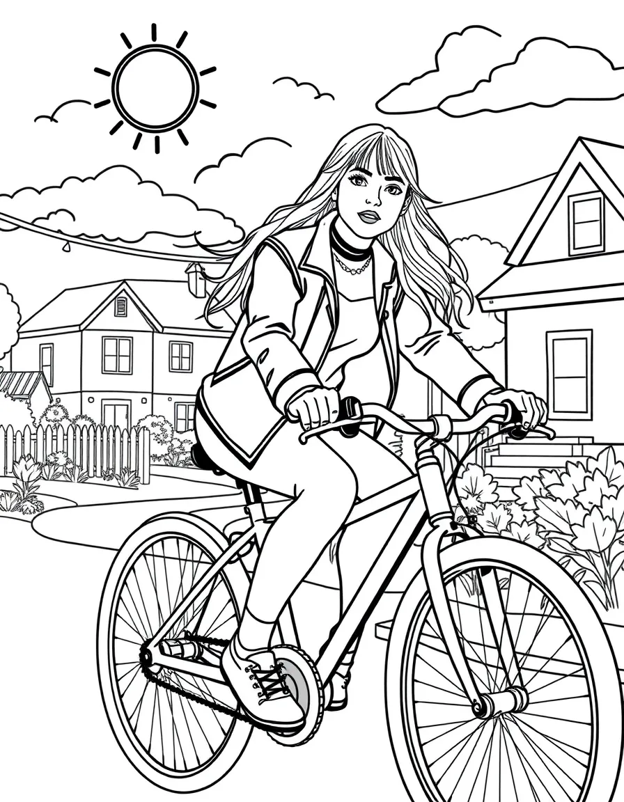 Billie Eilish riding a bicycle through a sunny neighborhood – a fun and kid-friendly coloring page.