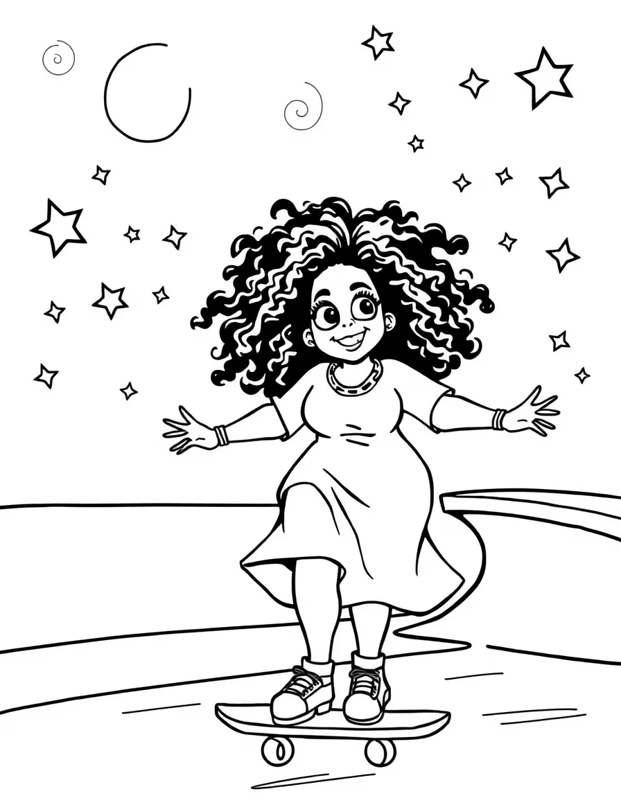 Oprah Winfrey skateboarding at a skate park with stars and swirls around – a fun and kid-friendly coloring page.