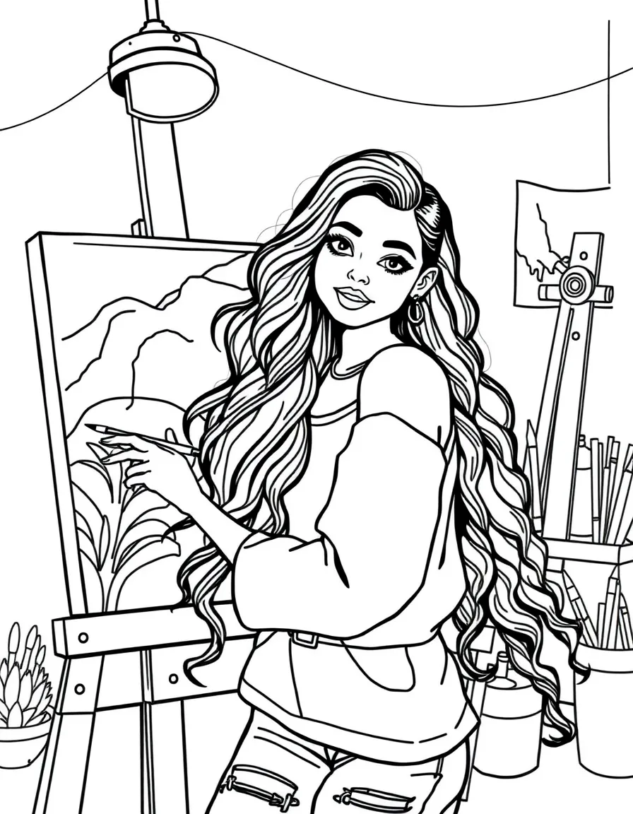 Zendaya painting a picture at an art studio – a fun and kid-friendly coloring page.
