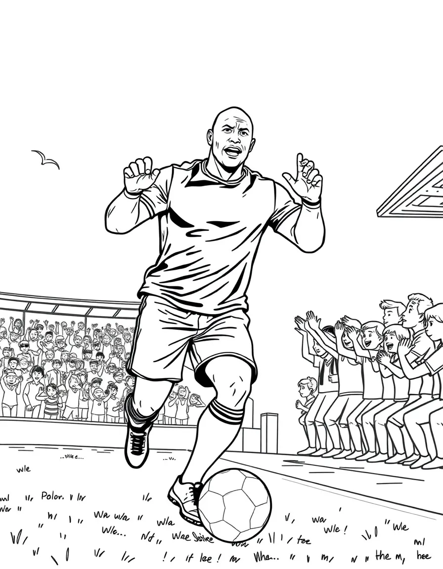 Dwayne Johnson playing soccer on a field with cheering fans in the stands – a fun and kid-friendly coloring page.