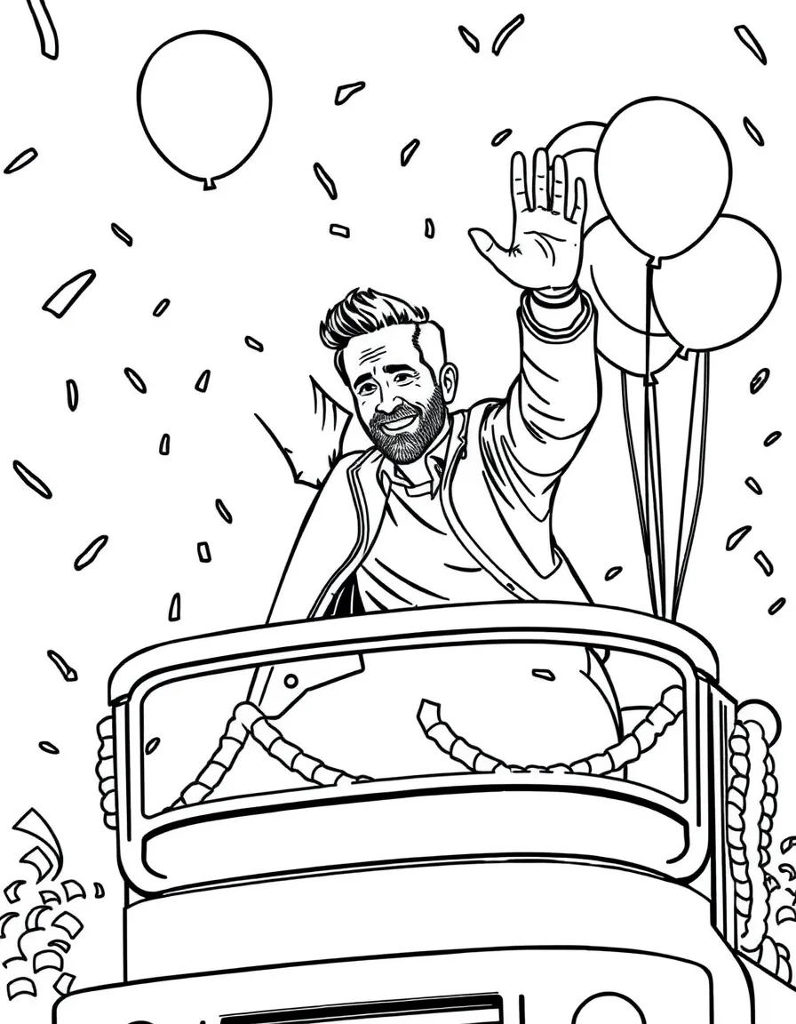 Ryan Reynolds waving from a parade float with balloons and confetti – a fun and kid-friendly coloring page.