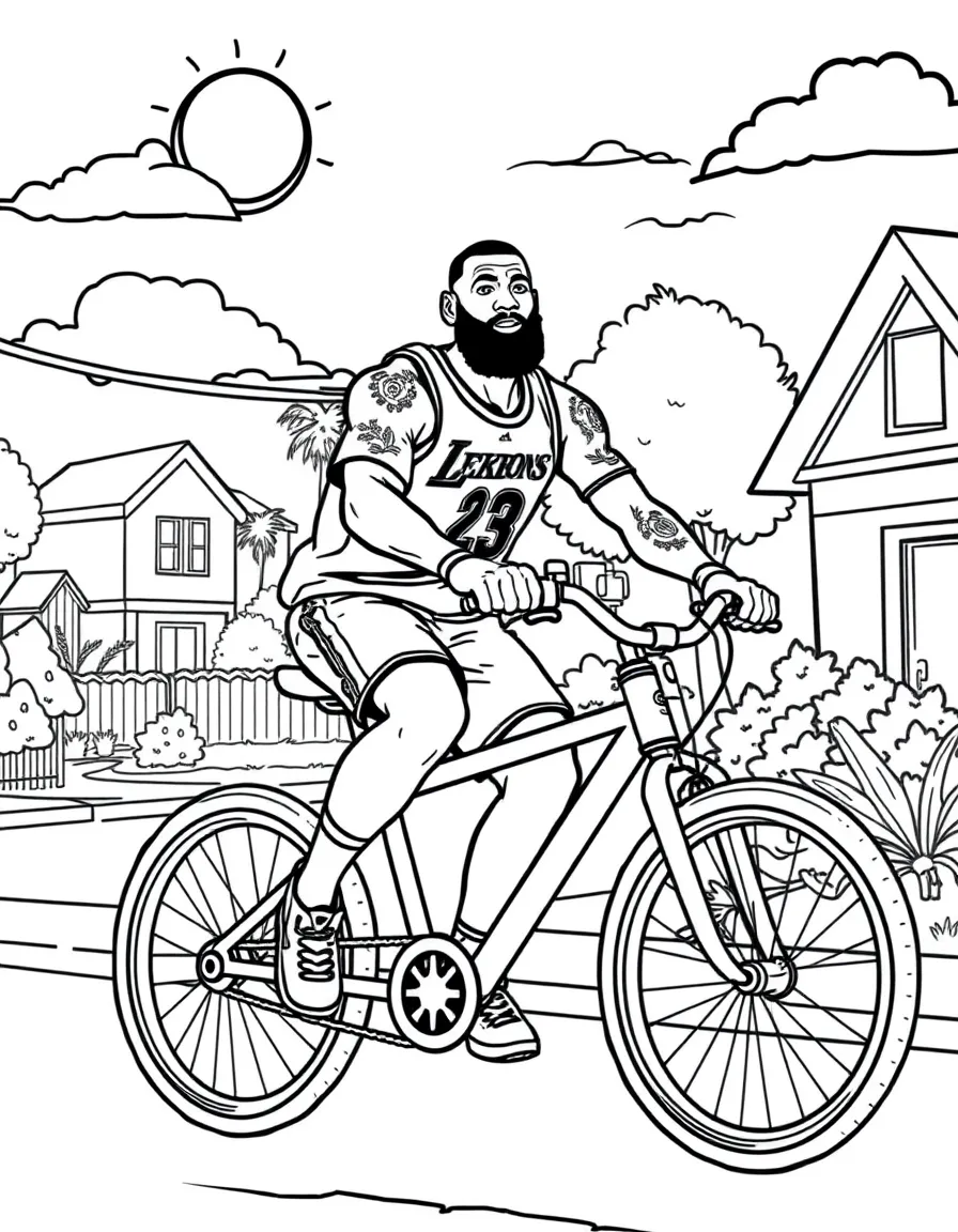 LeBron James riding a bicycle through a sunny neighborhood – a fun and kid-friendly coloring page.