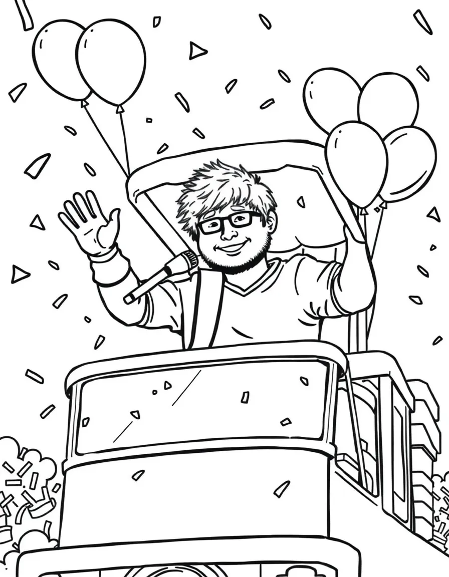 Ed Sheeran waving from a parade float with balloons and confetti – a fun and kid-friendly coloring page.