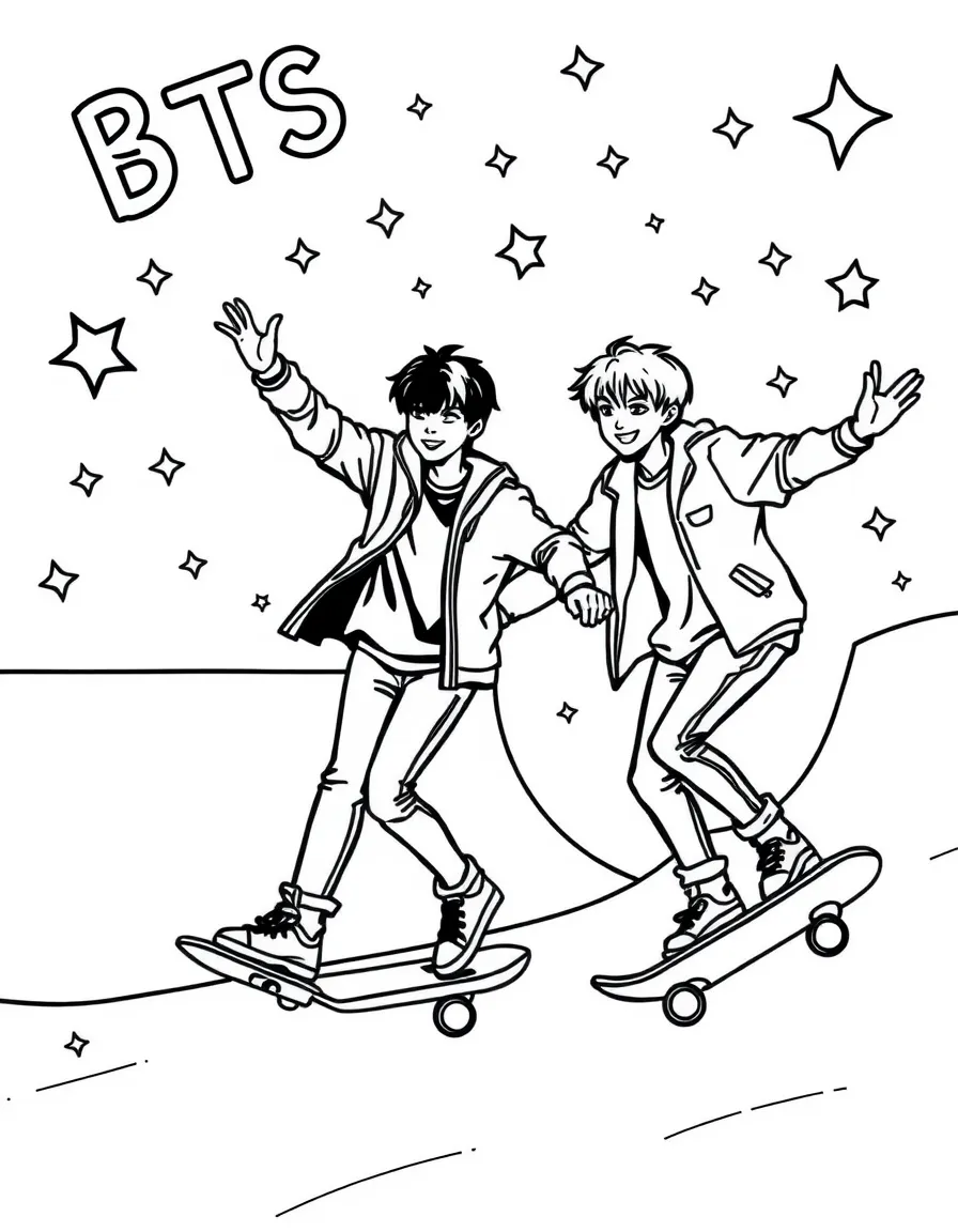 BTS Members skateboarding at a skate park with stars and swirls around – a fun and kid-friendly coloring page.