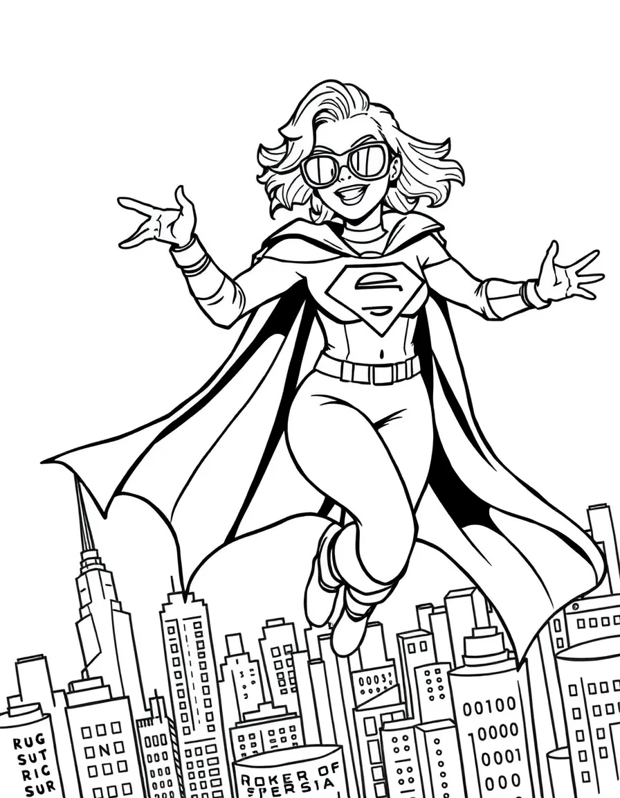 Katy Perry wearing a superhero cape and flying over a cityscape – a fun and kid-friendly coloring page.