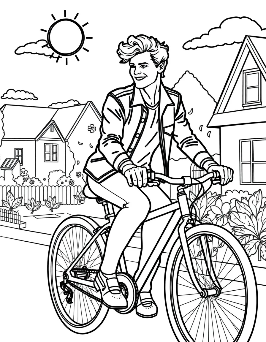 Harry Styles riding a bicycle through a sunny neighborhood – a fun and kid-friendly coloring page.