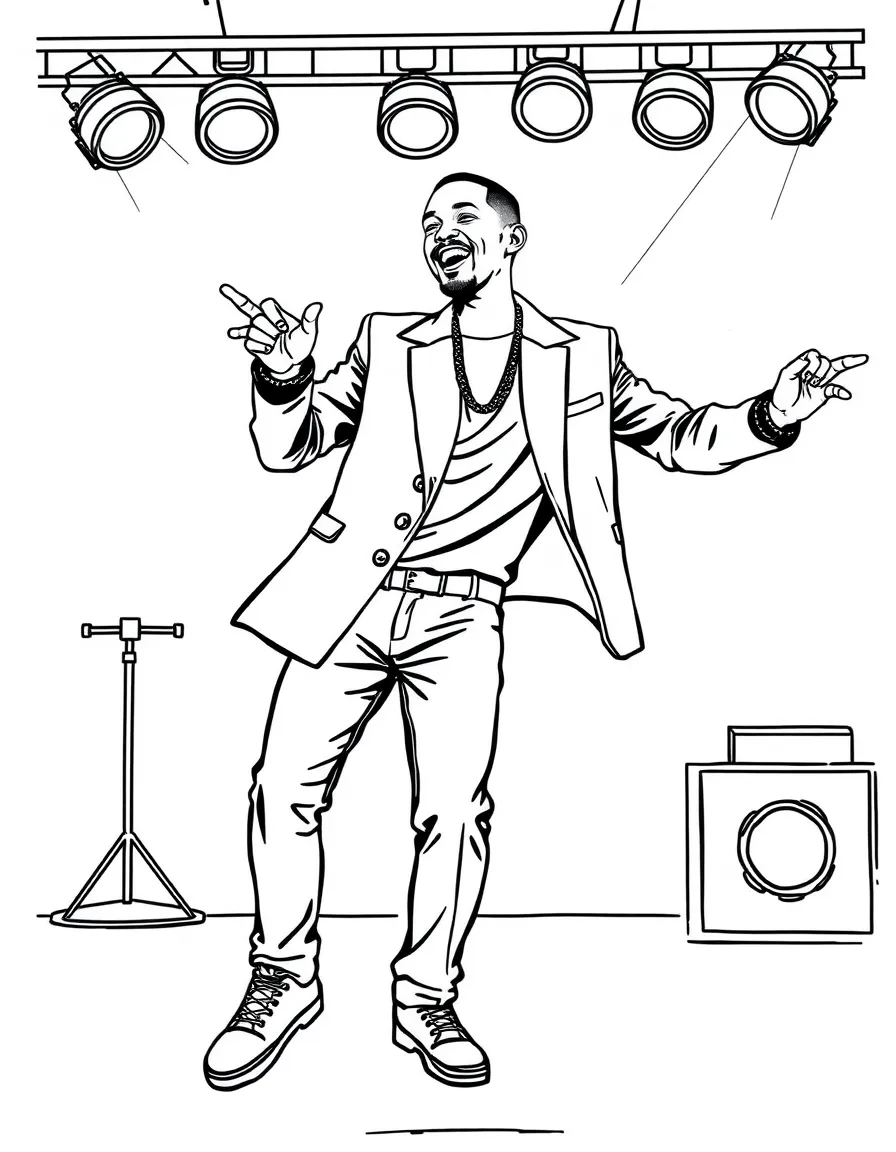 Will Smith dancing on a stage with spotlights and fun outfits – a fun and kid-friendly coloring page.