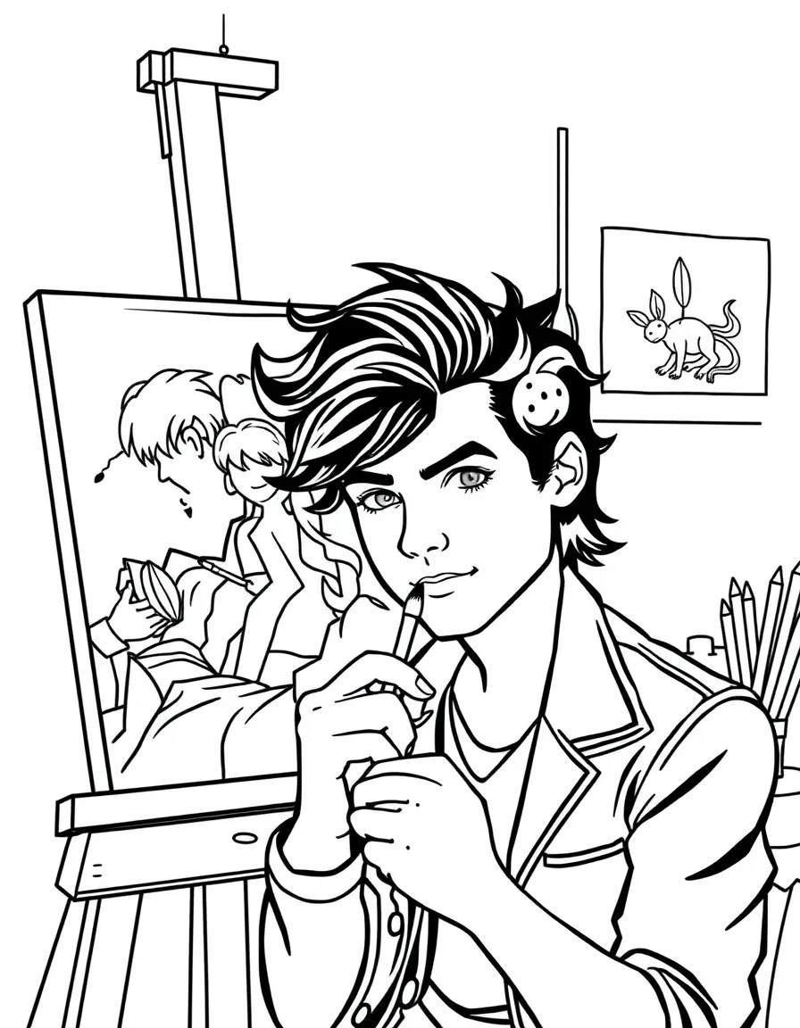 Harry Styles painting a picture at an art studio – a fun and kid-friendly coloring page.