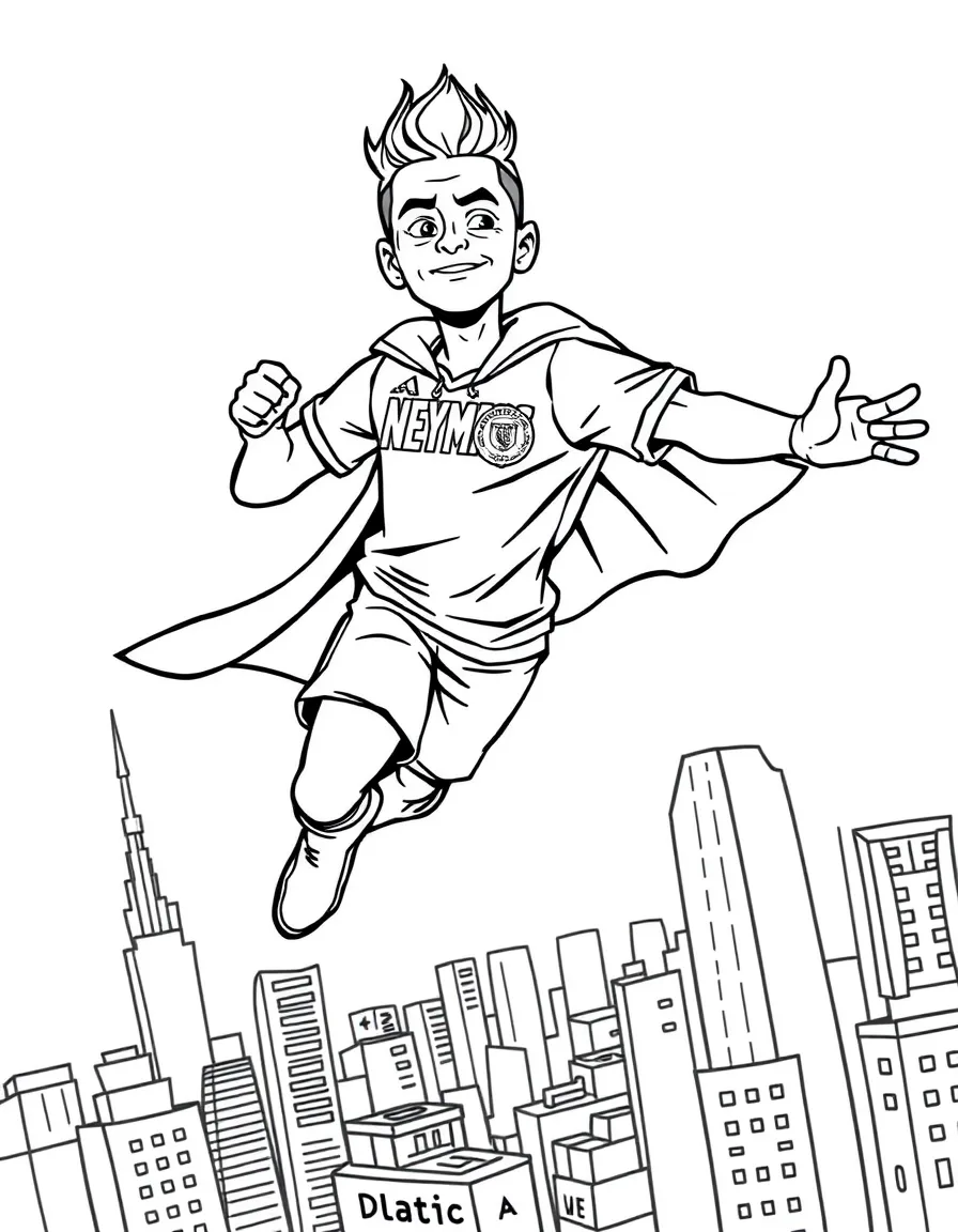 Neymar Jr. wearing a superhero cape and flying over a cityscape – a fun and kid-friendly coloring page.