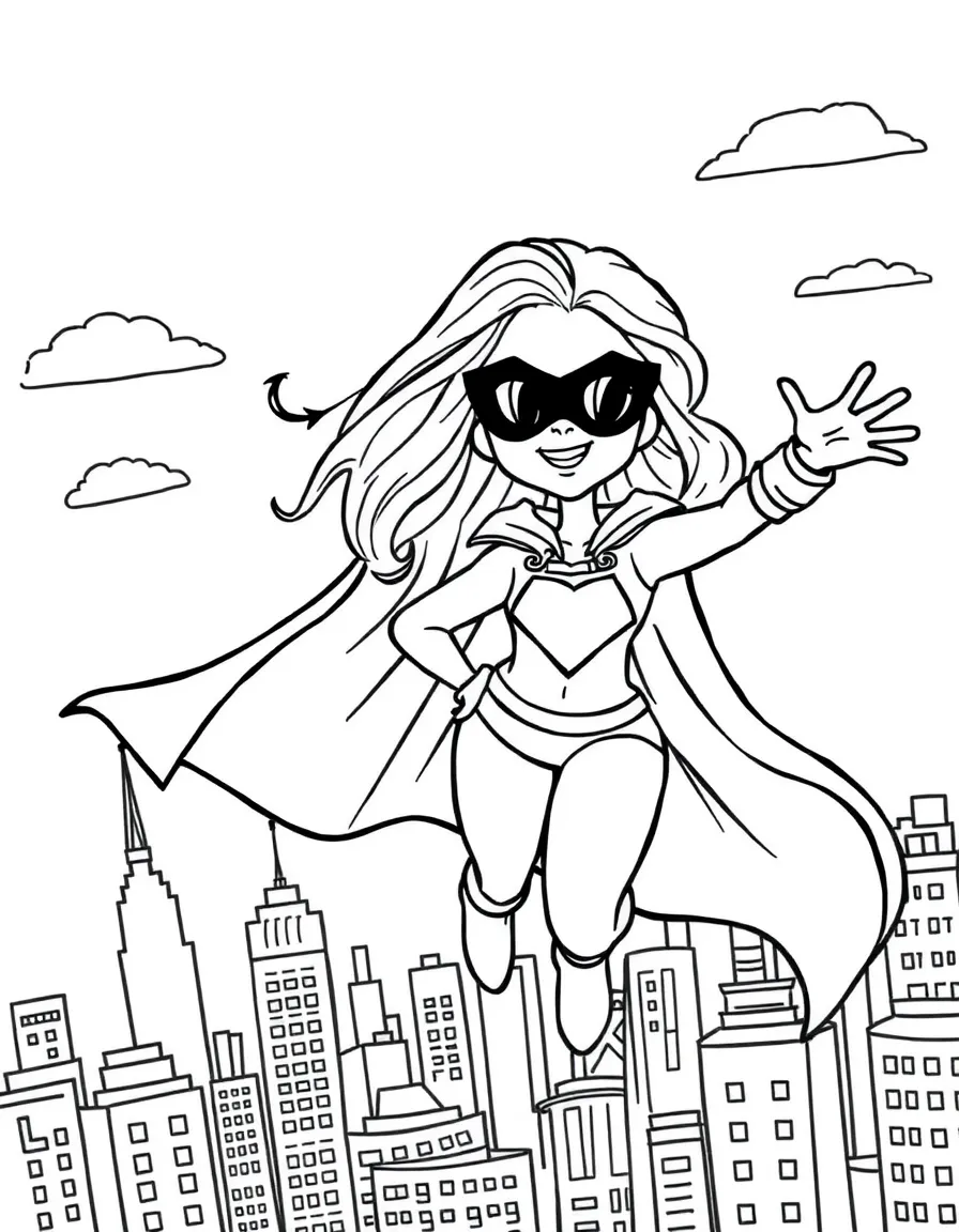Shakira wearing a superhero cape and flying over a cityscape – a fun and kid-friendly coloring page.
