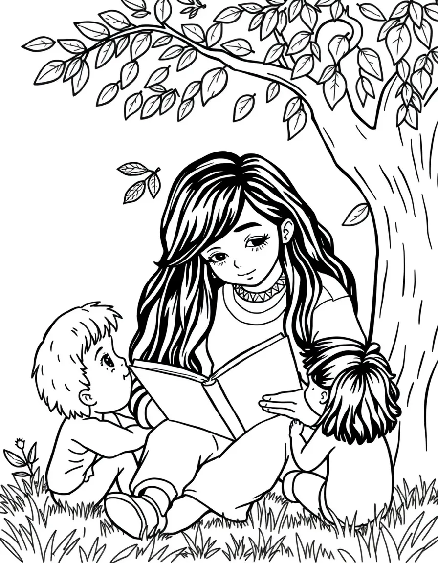 Billie Eilish reading a storybook to children under a tree – a fun and kid-friendly coloring page.