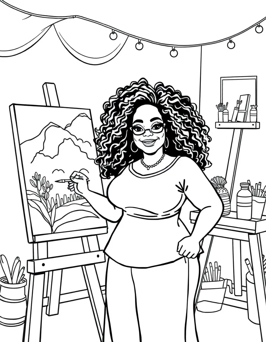 Oprah Winfrey painting a picture at an art studio – a fun and kid-friendly coloring page.