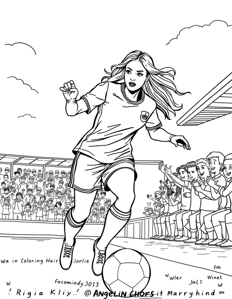 Angelina Jolie playing soccer on a field with cheering fans in the stands – a fun and kid-friendly coloring page.