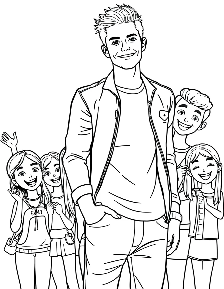 Taylor Lautner posing with cartoon versions of their fans – a fun and kid-friendly coloring page.