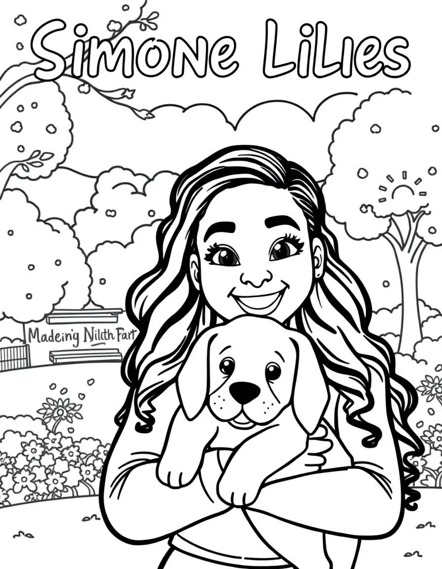 Simone Biles smiling and holding a puppy with a park background – a fun and kid-friendly coloring page.