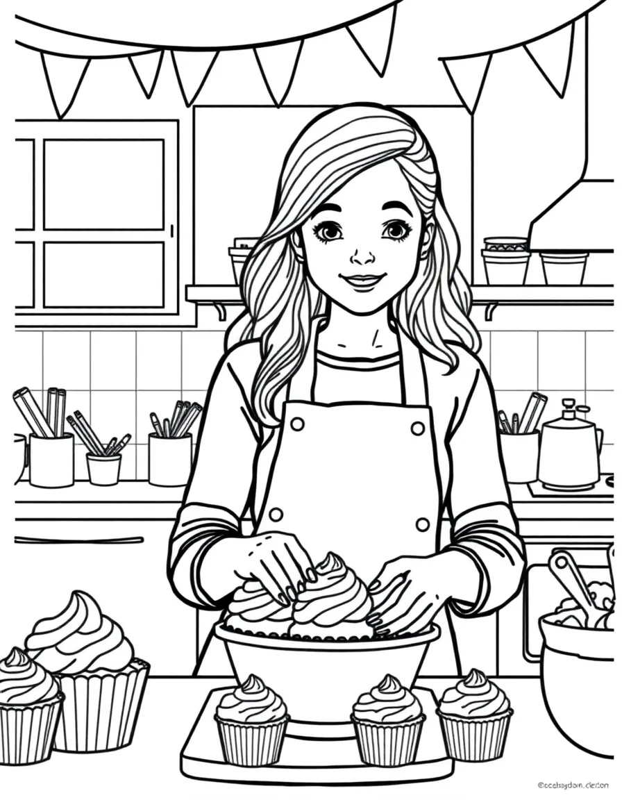Greta Thunberg baking cupcakes in a colorful kitchen – a fun and kid-friendly coloring page.