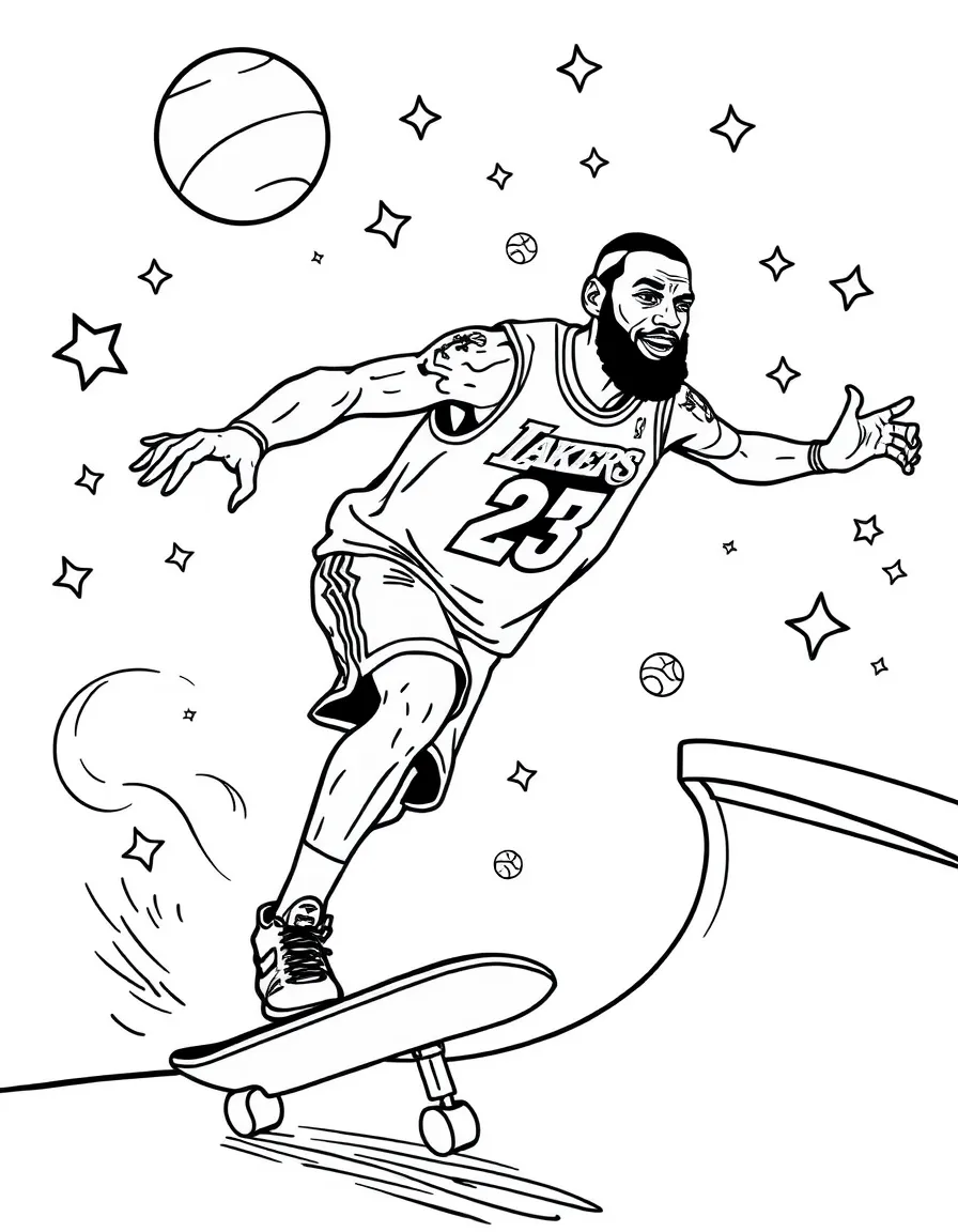 LeBron James skateboarding at a skate park with stars and swirls around – a fun and kid-friendly coloring page.