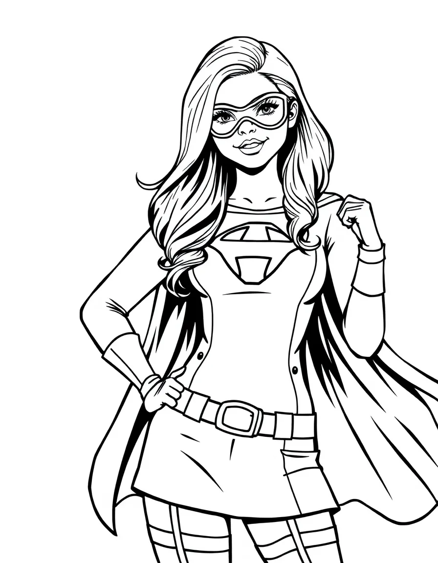 Selena Gomez dressed as a superhero, ready to save the day – a fun and kid-friendly coloring page.