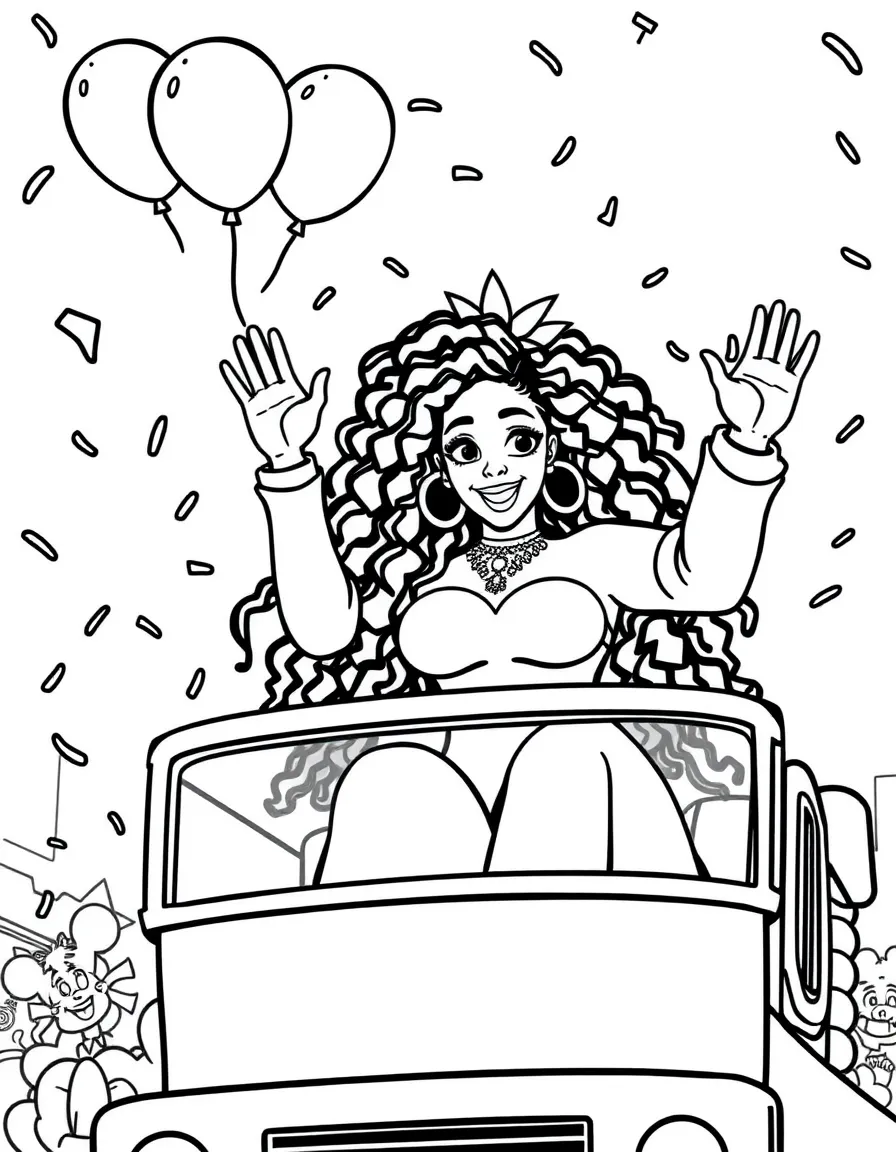 Cardi B waving from a parade float with balloons and confetti – a fun and kid-friendly coloring page.