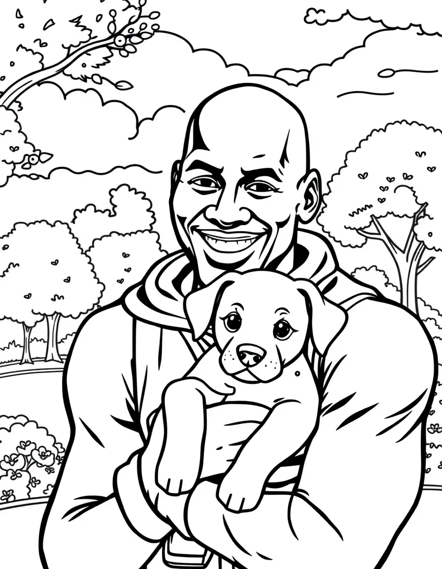 Michael Jordan smiling and holding a puppy with a park background – a fun and kid-friendly coloring page.