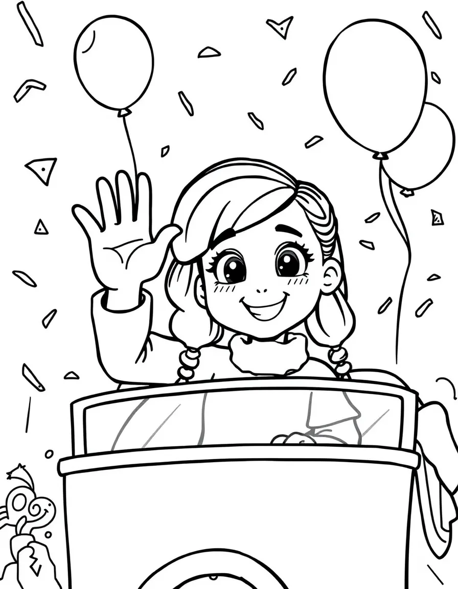 Millie Bobby Brown waving from a parade float with balloons and confetti – a fun and kid-friendly coloring page.