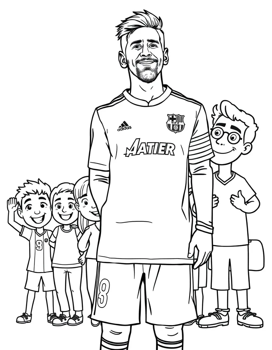 Lionel Messi posing with cartoon versions of their fans – a fun and kid-friendly coloring page.