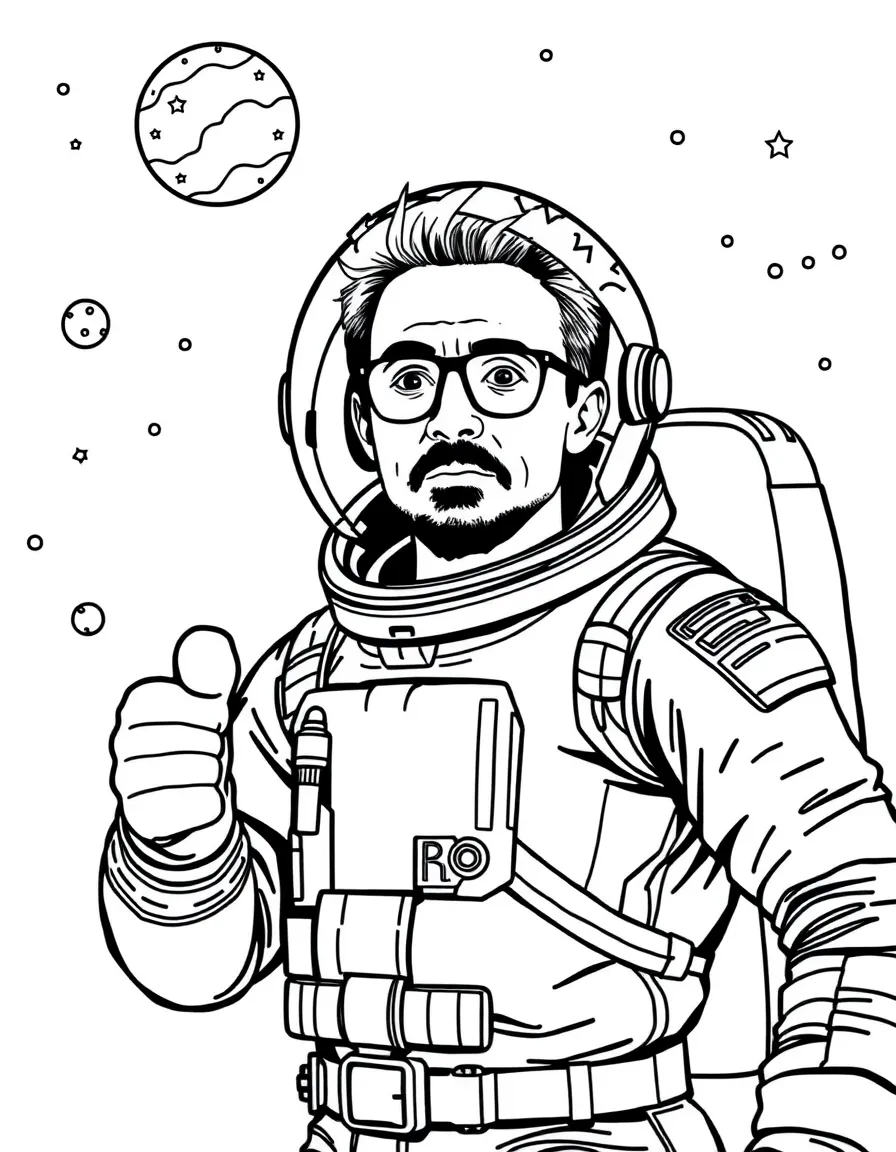 Robert Downey Jr. exploring space in an astronaut suit – a fun and kid-friendly coloring page.