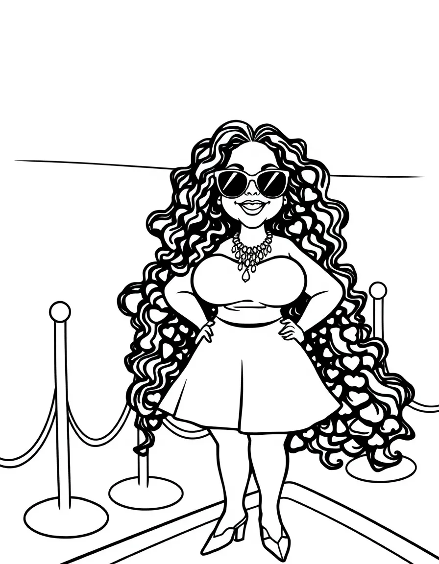 Oprah Winfrey posing with sunglasses and a cool outfit on the red carpet – a fun and kid-friendly coloring page.