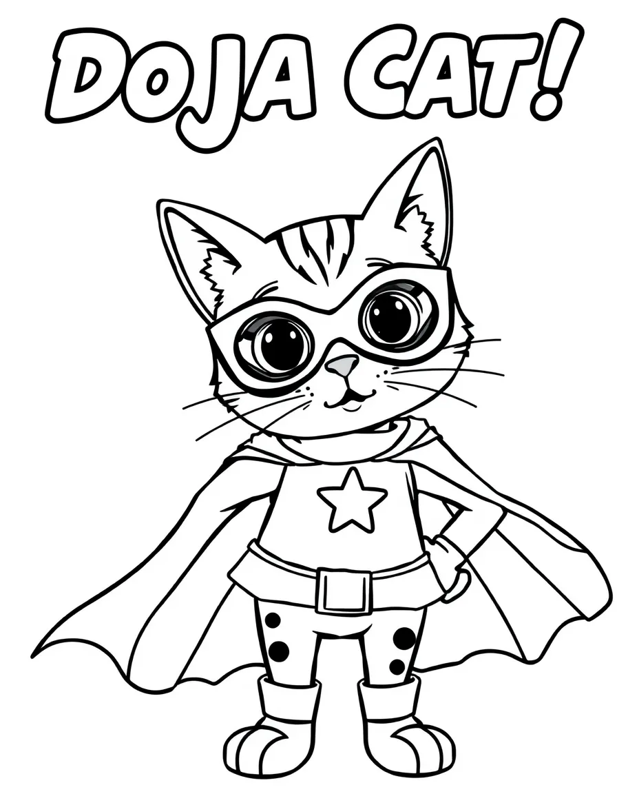 Doja Cat dressed as a superhero, ready to save the day – a fun and kid-friendly coloring page.