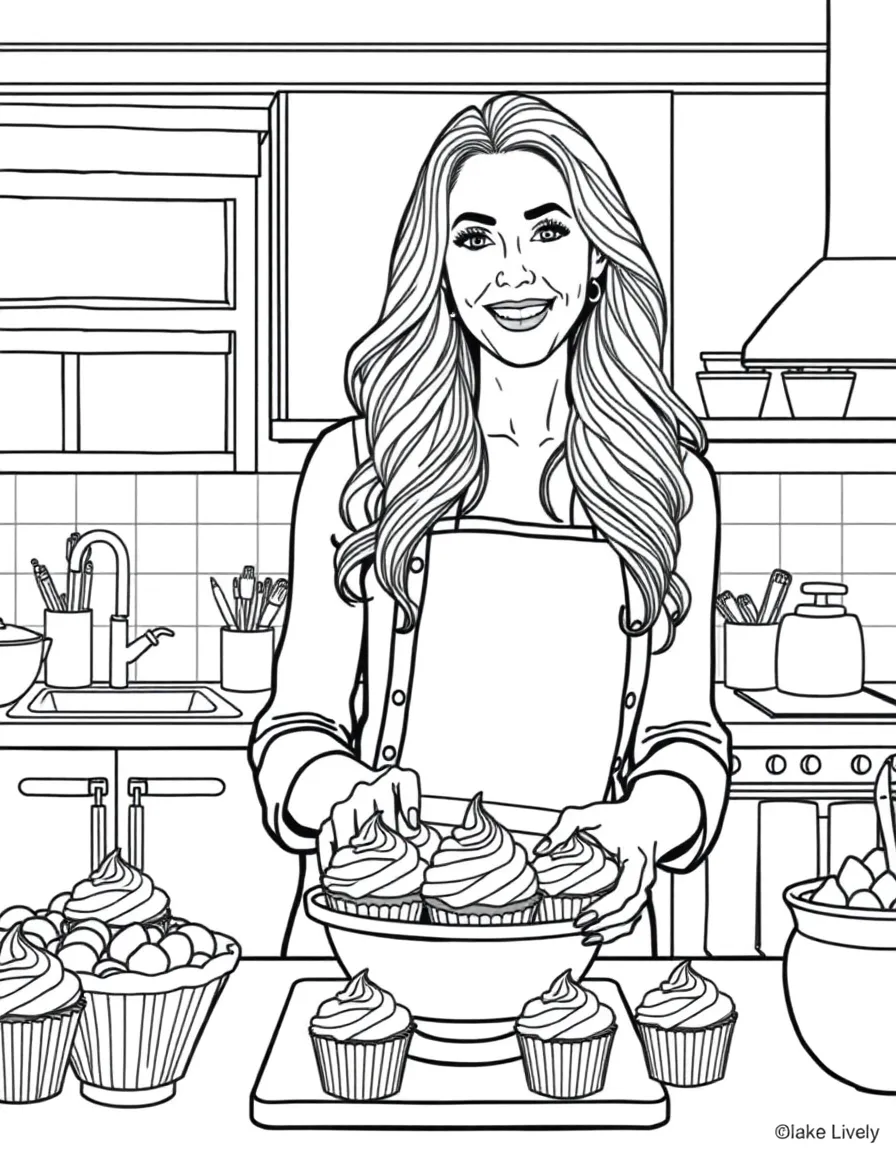 Blake Lively baking cupcakes in a colorful kitchen – a fun and kid-friendly coloring page.