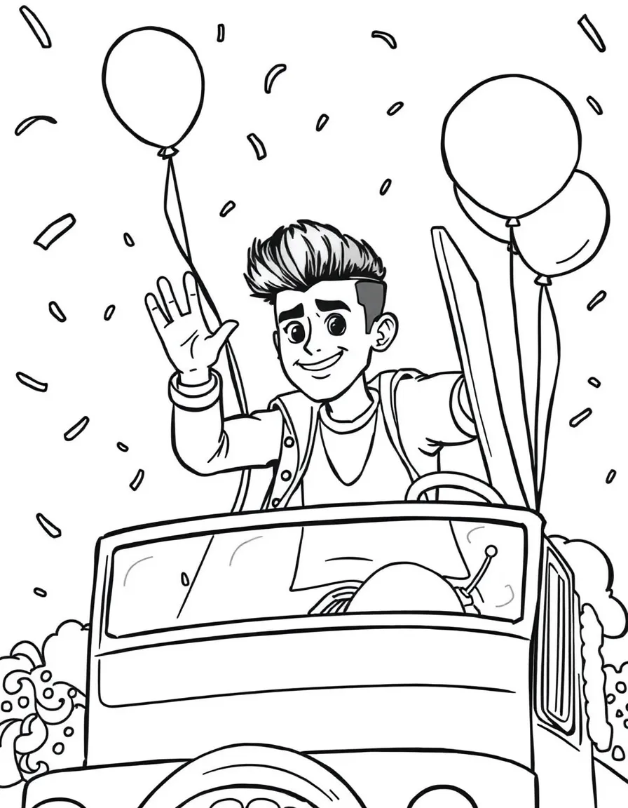 Zayn Malik waving from a parade float with balloons and confetti – a fun and kid-friendly coloring page.