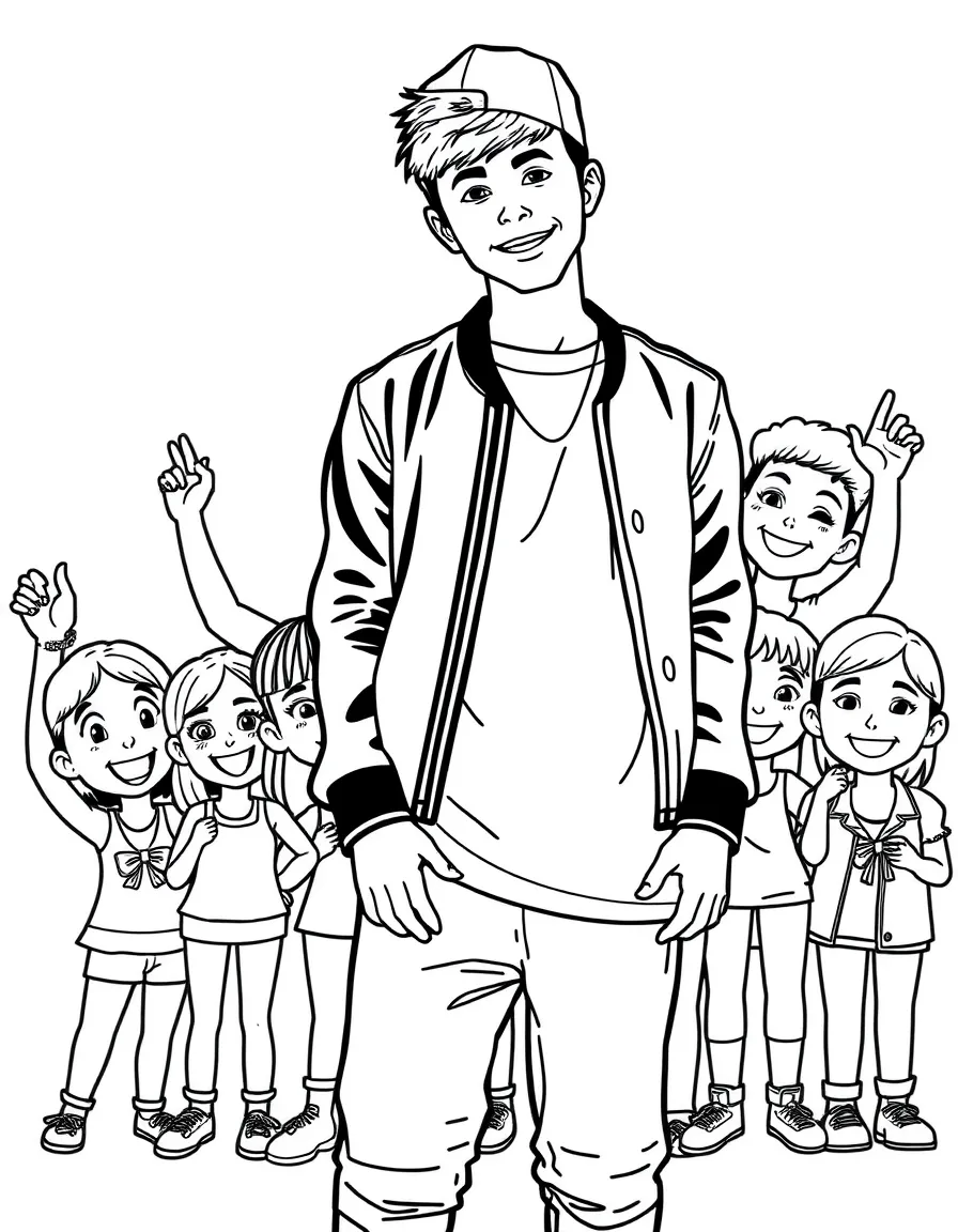 Justin Bieber posing with cartoon versions of their fans – a fun and kid-friendly coloring page.