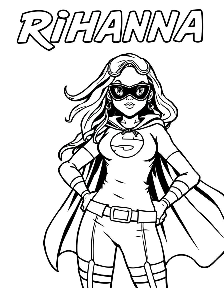 Rihanna dressed as a superhero, ready to save the day – a fun and kid-friendly coloring page.