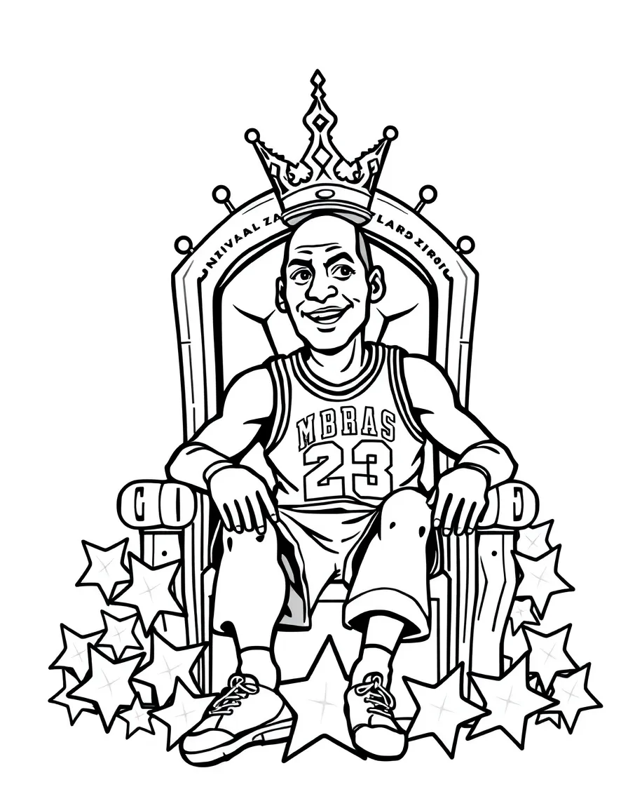 Michael Jordan sitting on a throne made of stars with a crown – a fun and kid-friendly coloring page.