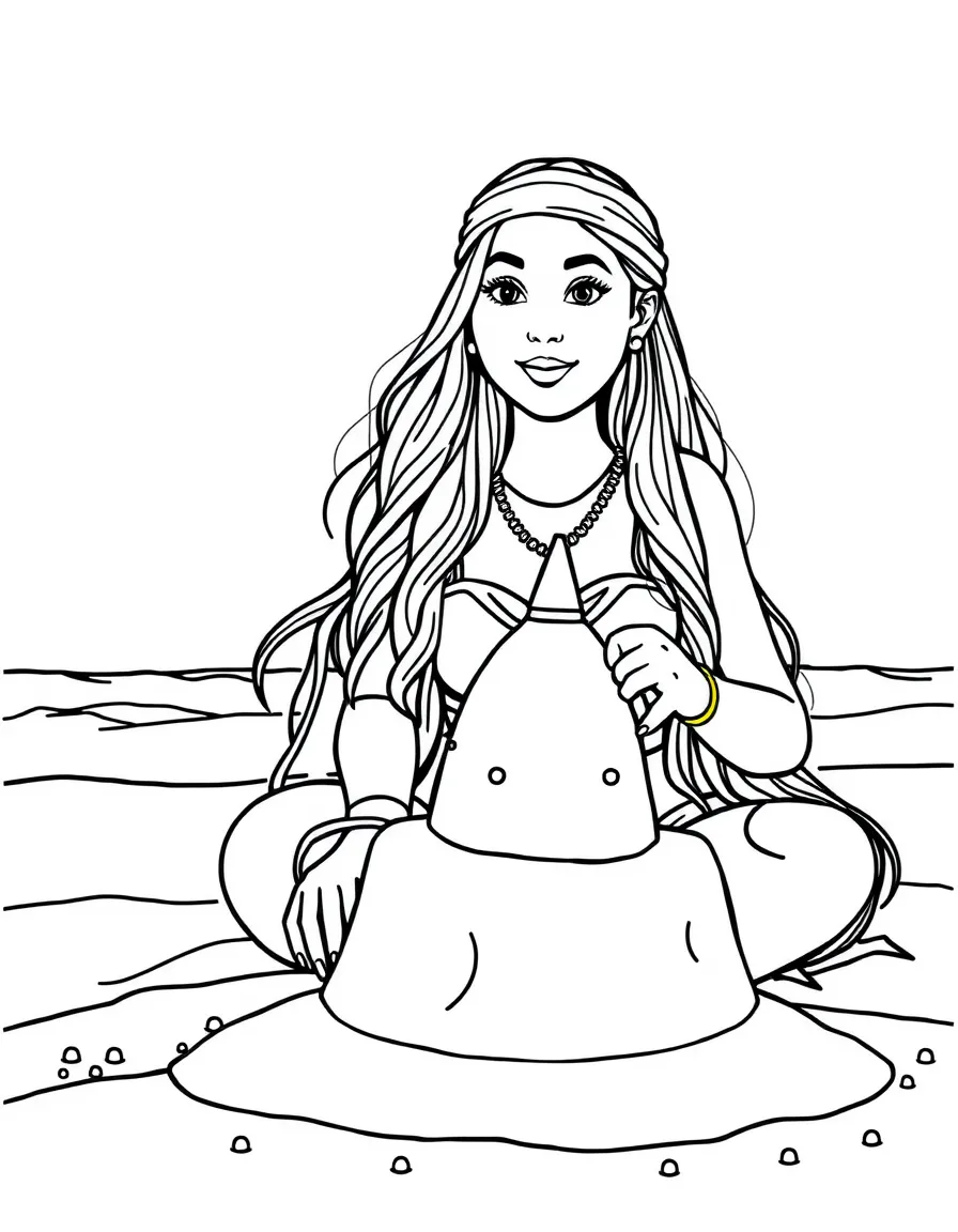 Ariana Grande building a sandcastle at the beach – a fun and kid-friendly coloring page.