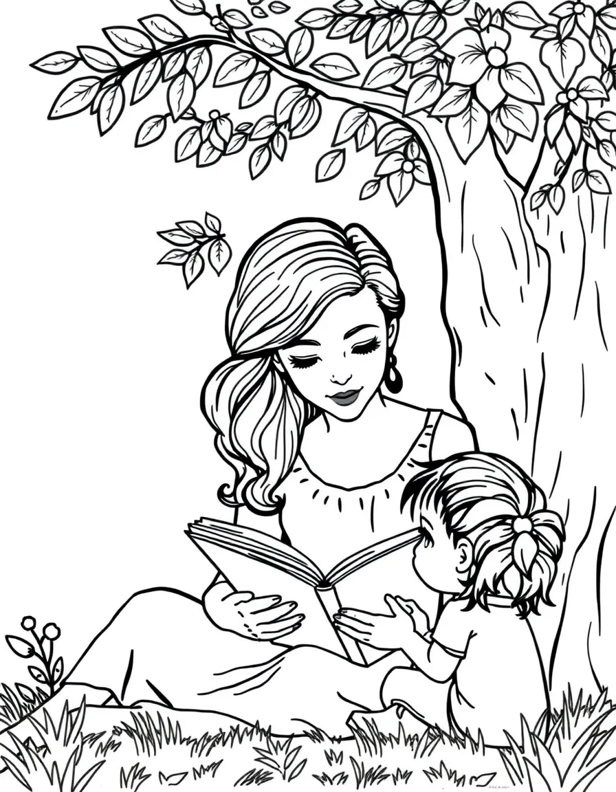 Emma Watson reading a storybook to children under a tree – a fun and kid-friendly coloring page.