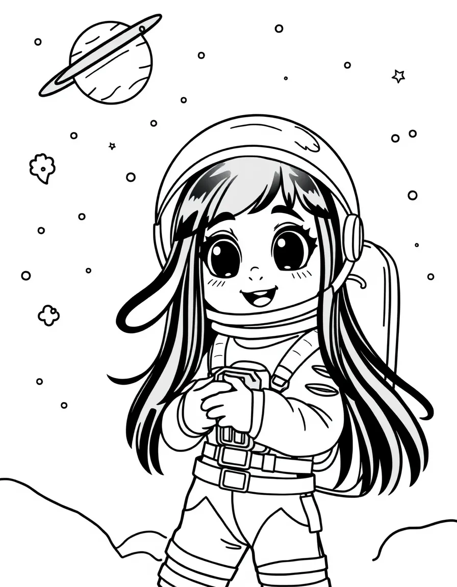 Dua Lipa exploring space in an astronaut suit – a fun and kid-friendly coloring page.
