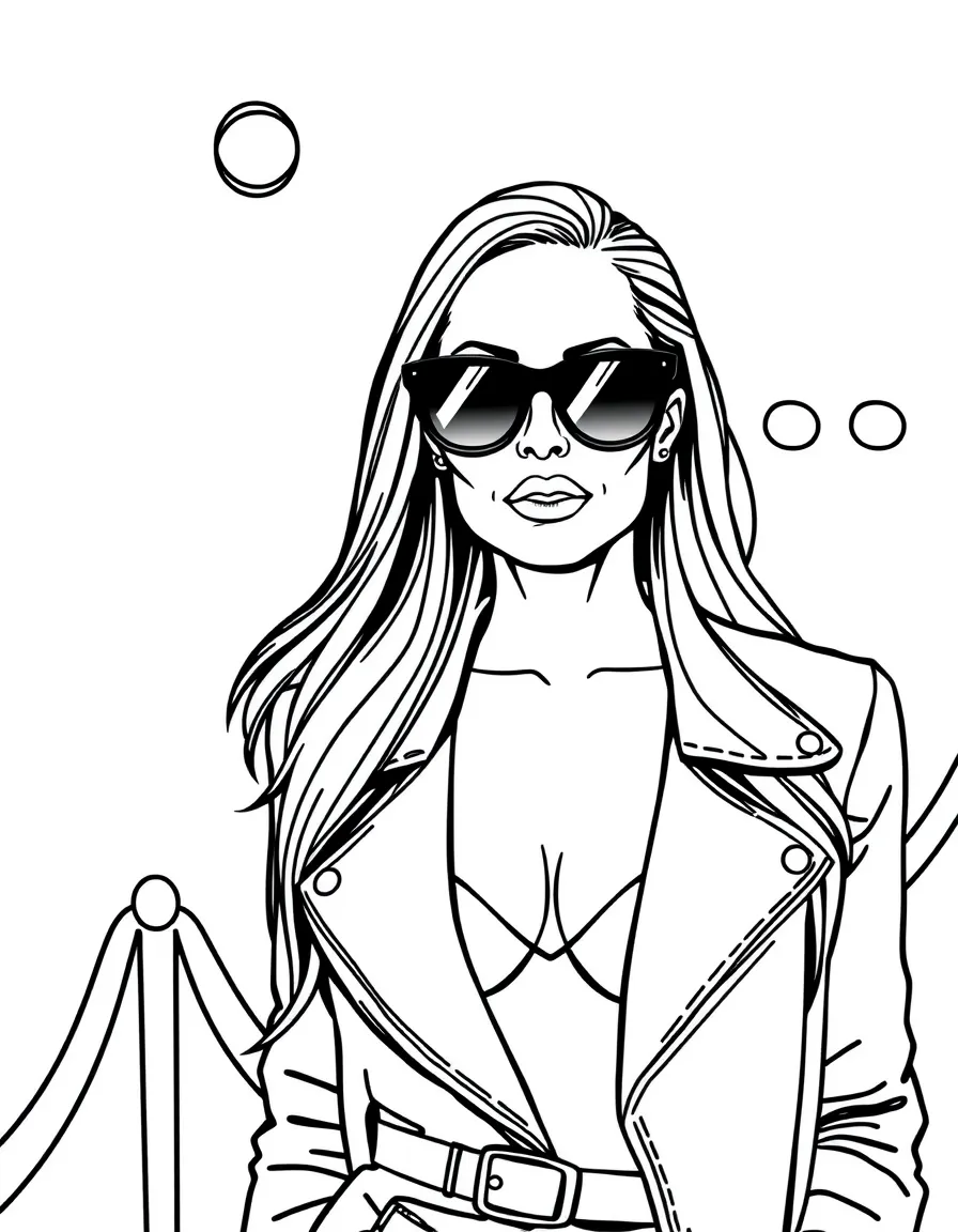 Angelina Jolie posing with sunglasses and a cool outfit on the red carpet – a fun and kid-friendly coloring page.