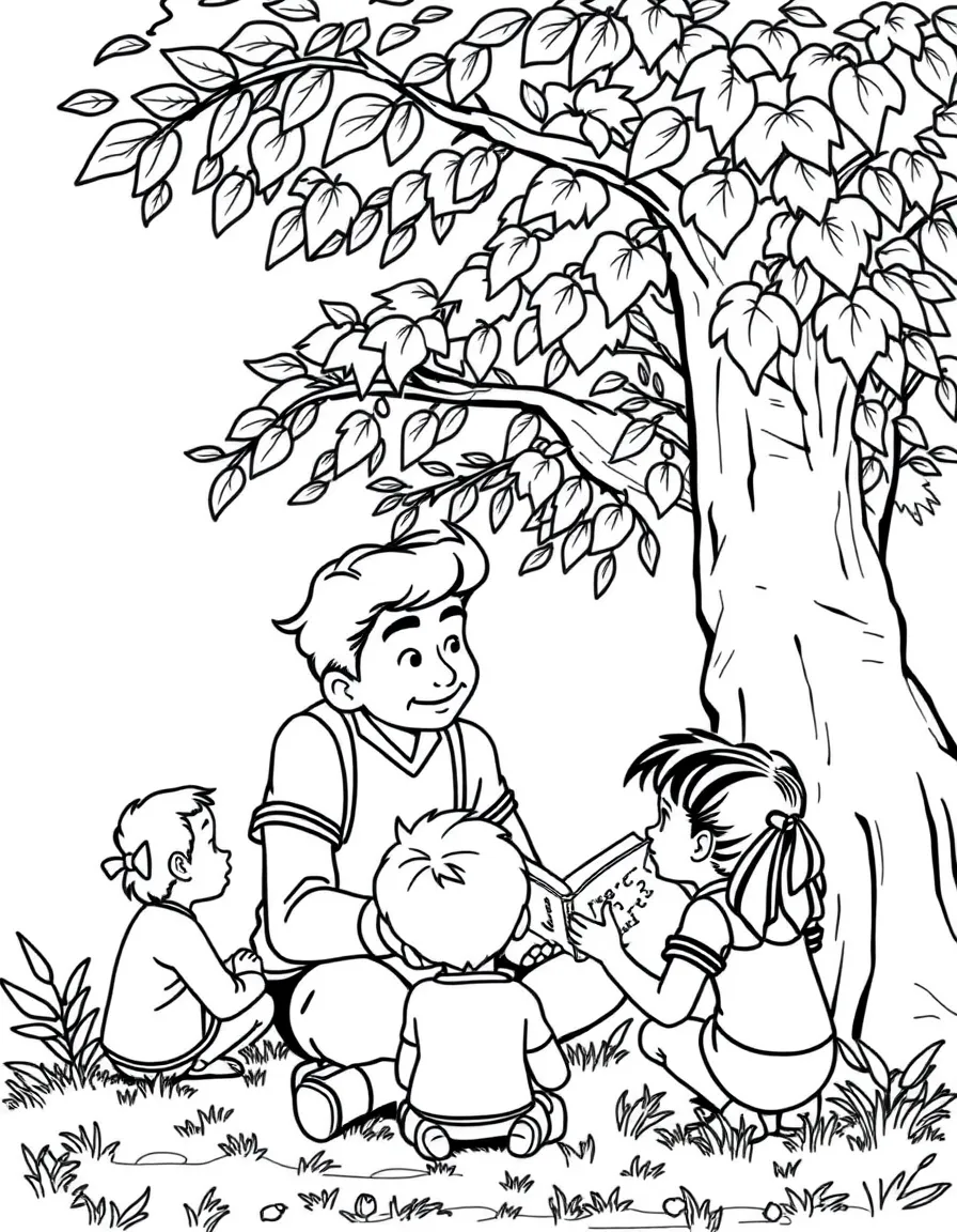 Tom Holland reading a storybook to children under a tree – a fun and kid-friendly coloring page.