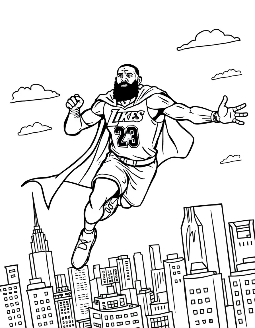 LeBron James wearing a superhero cape and flying over a cityscape – a fun and kid-friendly coloring page.