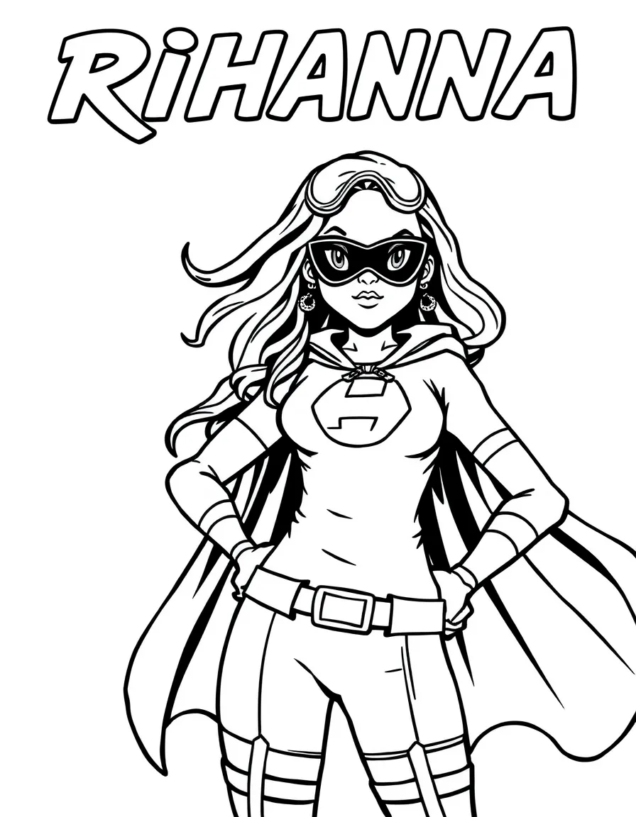 Rihanna dressed as a superhero, ready to save the day – a fun and kid-friendly coloring page.