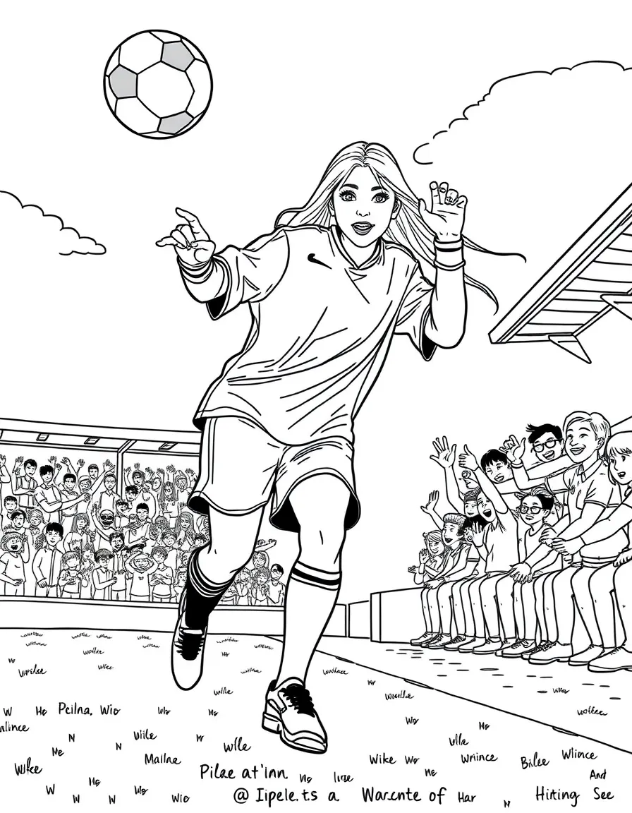 Billie Eilish playing soccer on a field with cheering fans in the stands – a fun and kid-friendly coloring page.