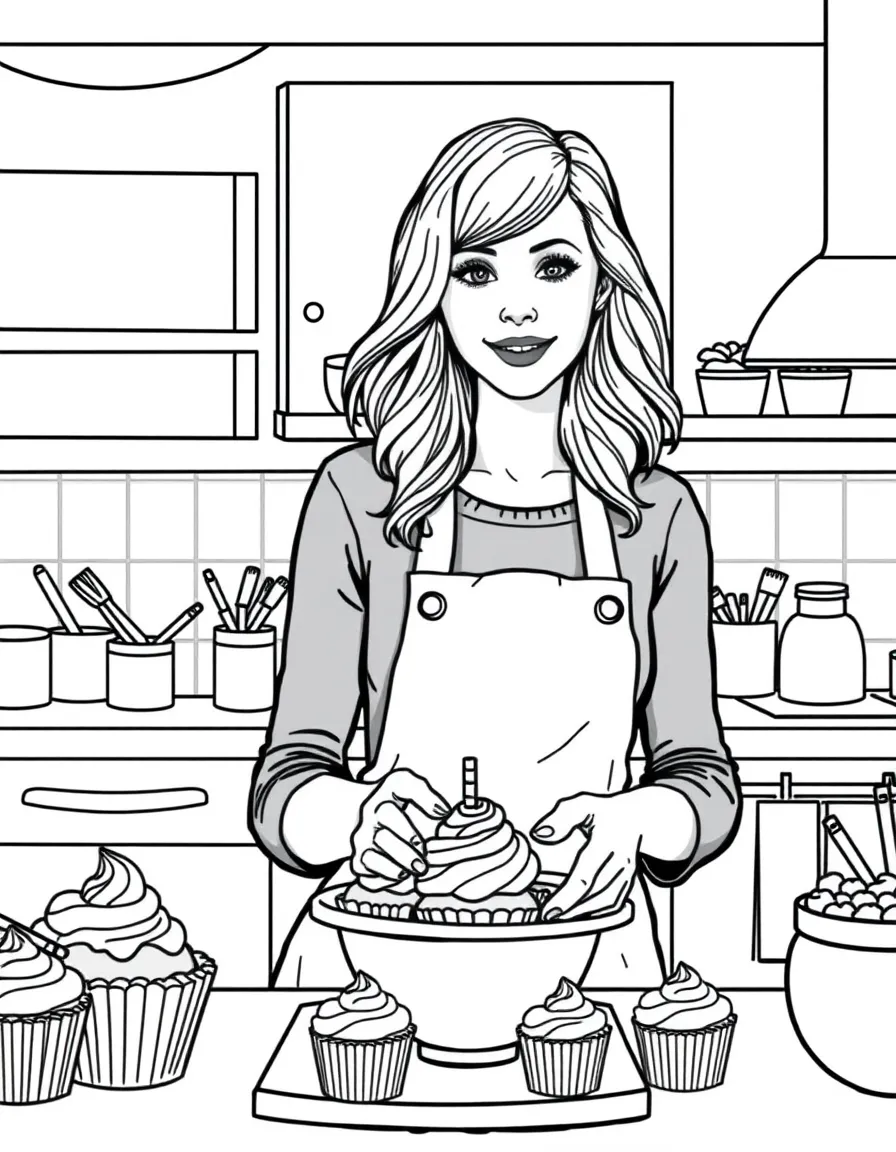 Emma Stone baking cupcakes in a colorful kitchen – a fun and kid-friendly coloring page.