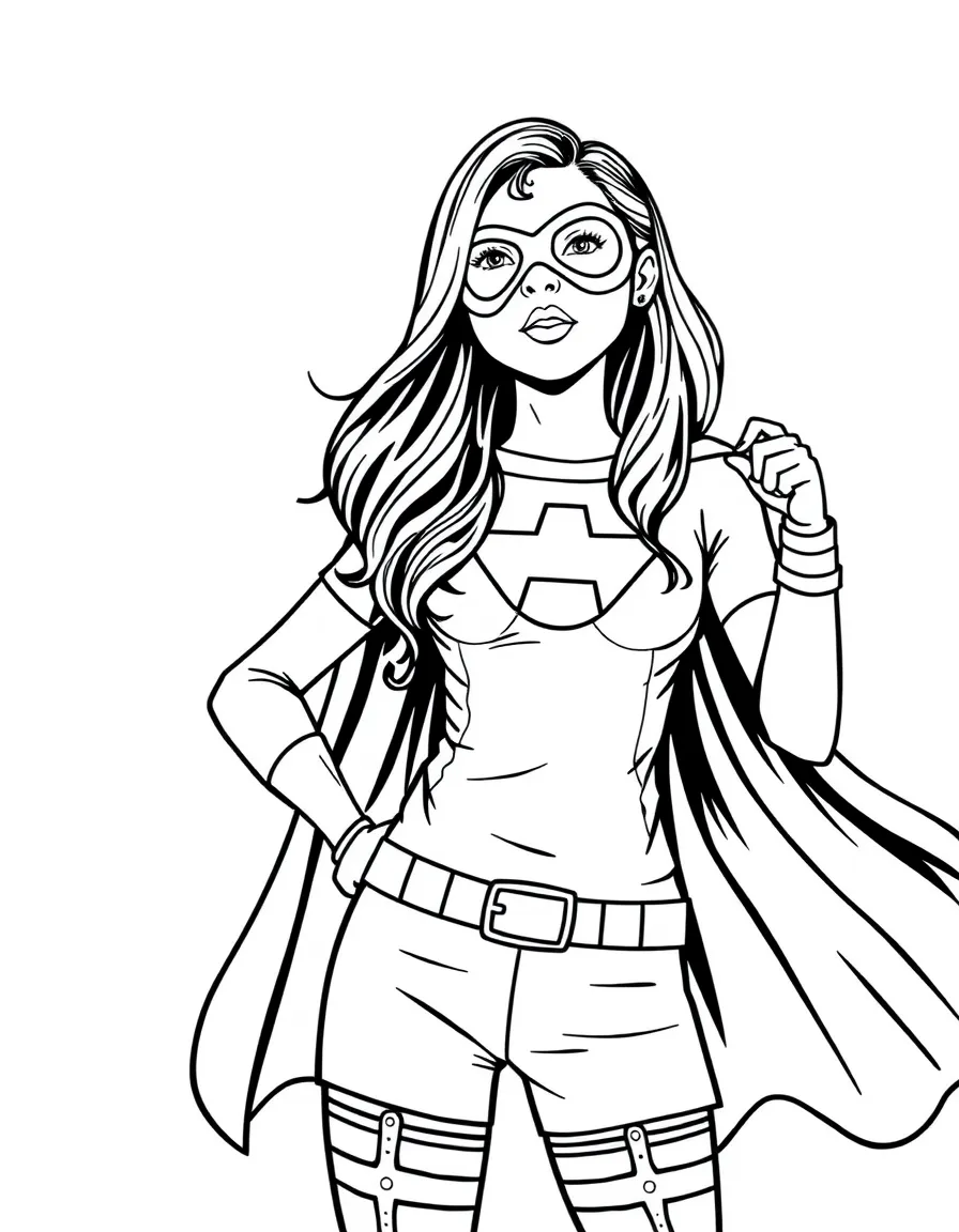Camila Cabello dressed as a superhero, ready to save the day – a fun and kid-friendly coloring page.